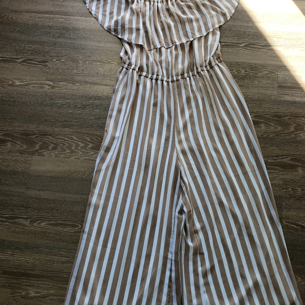 Striped Wide-Leg Jumpsuit in Beige and White